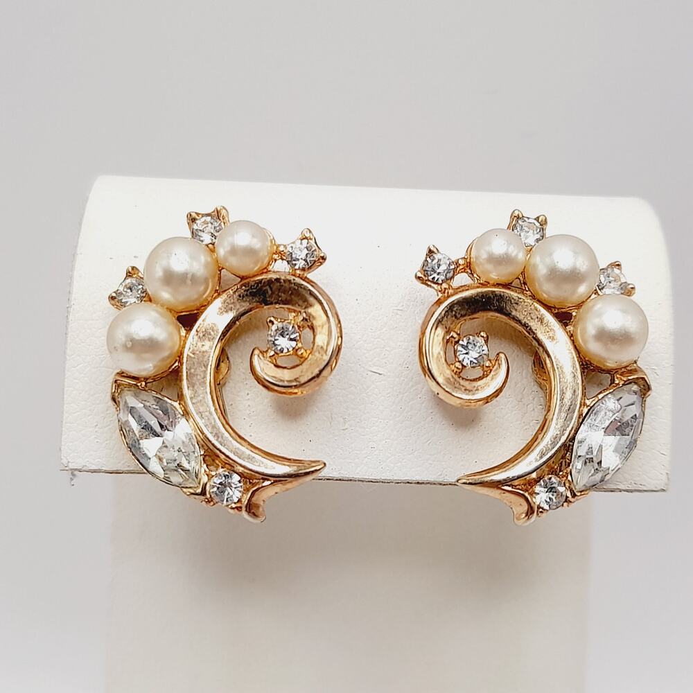 Vintage Crown Trifari Clip Earrings, Faux Pearls & Clear Rhinestones, Gold Tone